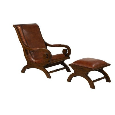 Traditional Teak Wood Accent Chair with Arms and Ottoman Brown - Olivia & May: Leather Upholstered, No Assembly Required (LOCAL PICKUP ONLY)