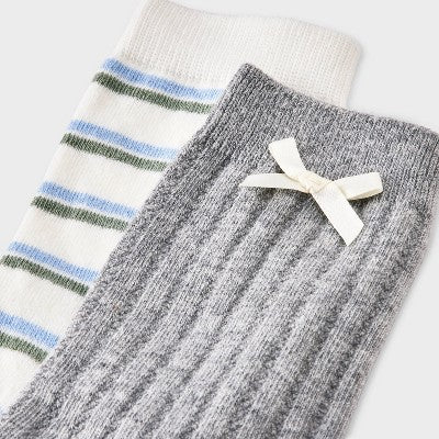 Women's Pointelle with Bow & Striped 2pk Mid Crew Socks - Wild Fable Heather Gray/Ivory/Green 4-10