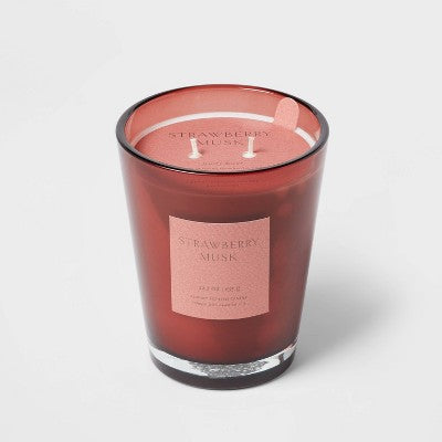 Colored Vase with Dustcover 2-Wick Strawberry Musk & Cedar Scented Glass Jar Candle Red 22.4oz - Threshold: Mimosa Essence, 64hr Burn