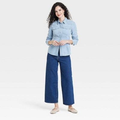 Women's Slim Fit Tailored Long Sleeve Western Denim Shirt - Universal Thread