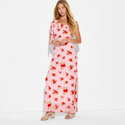 Women's Ruffle One Shoulder Midi Bodycon Dress - Pink Floral XS