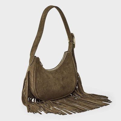 Western Faux Suede Fringe Shoulder Bag Purse - Universal Thread Brown