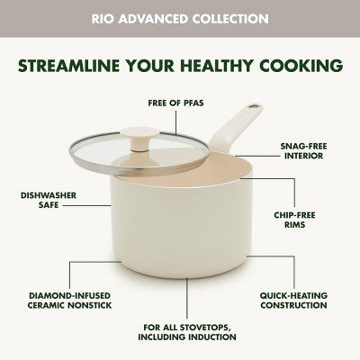 GreenPan Rio Advanced 3qt Ceramic Nonstick Sauce Pan with Lid Cream