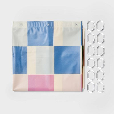 13pc PEVA Checkerboard Shower Curtain and Rings Set Multi - Room Essentials