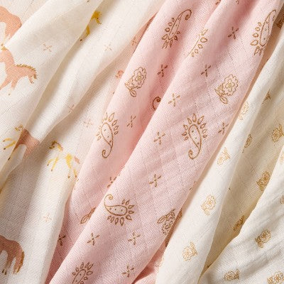 Muslin Swaddle Baby Blankets - Horses - 3pk - Cloud Island