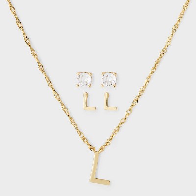 Brass Polished Letter "L" Charm Necklace & Cubic Zirconia Stud Earrings 3pc Set - A New Day Gold
