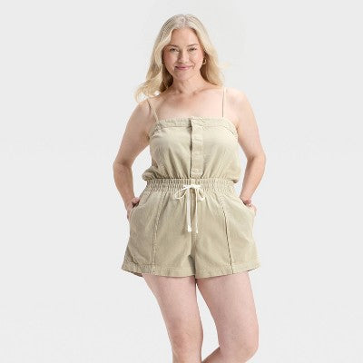 Women's Denim Beach Romper Universal Thread Khaki Green L