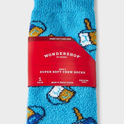 Men's Dreidel Cozy Crew Socks with Gift Card Holder - Wondershop Blue 6-12