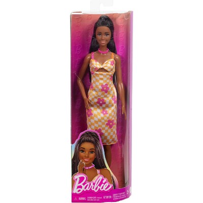 Barbie 12.7" Fashionista Pink and Orange Check Dress Doll Black Hair/Brown Eyes