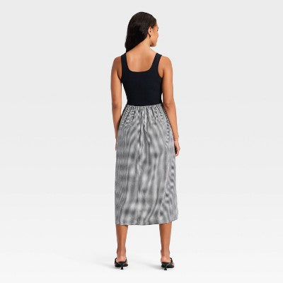 Women's Pullover Knit/Woven Midi Dress Blk/Wht Gingham S