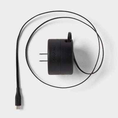 Wall Charger with Retractable 3' USB-C Cable - heyday Black: Male-To-Male, 100g