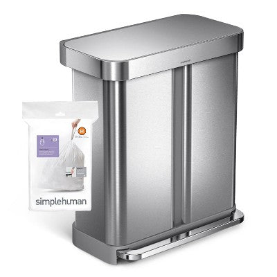simplehuman 30-35L Code H Custom Fit Kitchen Trash Bag Liners 3 Quick Dispense Packs - 60ct: Tall Kitchen, Drawstring, White