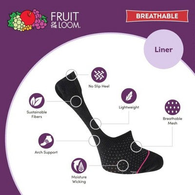 Fruit of the Loom Women's Breathable Mesh Lightweight 6pk Liner Athletic Socks - Black 4-10