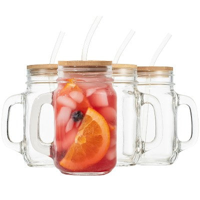 4PC Glass Jars with Bamboo Lids and Straw, 16oz Mason Jar Drinking Glasses – Reusable Tumbler Set for Cold Beverages