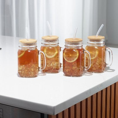 4PC Glass Jars with Bamboo Lids and Straw, 16oz Mason Jar Drinking Glasses – Reusable Tumbler Set for Cold Beverages