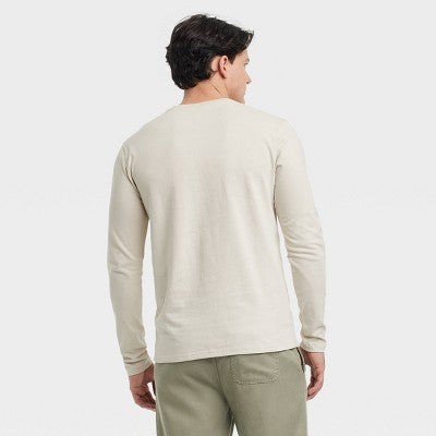 Men's Vintage Long Sleeve Henley Shirt -  Light Beige M: