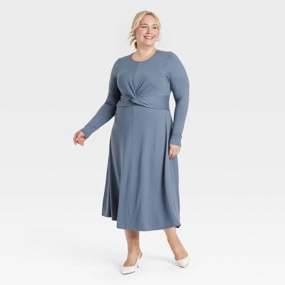 Women's Long Sleeve Twist-Front Midi Dress - A New Day Blue 1X