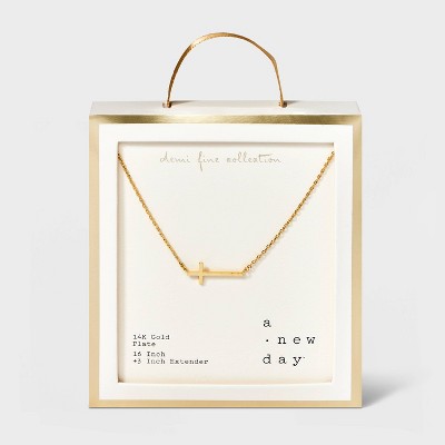 14K Gold Plated Stationed Cross Pendant Necklace - A New Day Gold