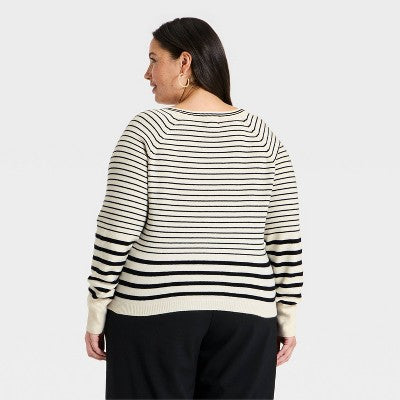 Women's Long Sleeve V-Neck Cardigan - A New Day Cream Striped XXL