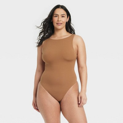 Women's Luxe Stretch Boatneck Thong Bodysuit - Auden Caramel M