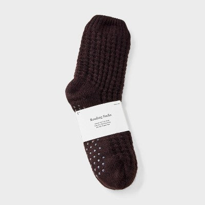 Women's Waffle Sweater Knit Reading Crew Socks with Faux Shearling Lining and Grippers - Auden Brown 4-10