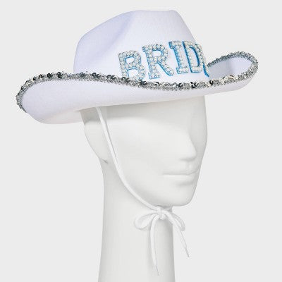 "Bride" Pearl Rhinestone Cowboy Hat - White/Blue