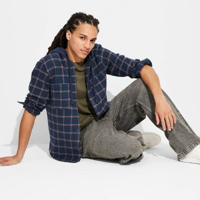 Men's Checked Hooded Button-Down Shirt - Original Use Navy Blue S
