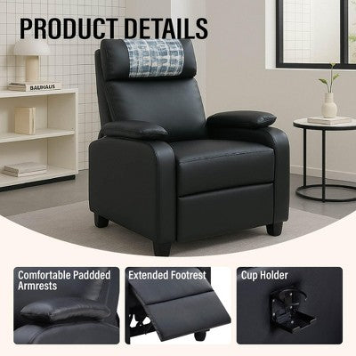 Kumasinova Modern PU Leather Recliner Chair,Accent Chair with Cup Holder & Comfortable Arms and Back,Single Sofa for Living Room or Home Office,Black (LOCAL PICKUP ONLY)