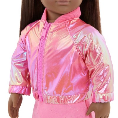 Our Generation Splash of Pink Metallic Bomber Jacket & Dress Outfit for 18'' Dolls: Girl's Doll Clothing for Home and Family