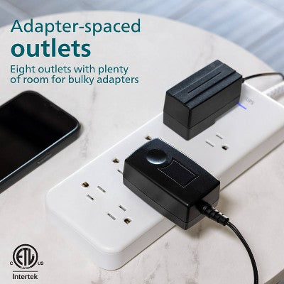 Philips 8-Outlet Surge 8' braided cord 2160J Adapter-Spaced - White