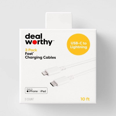 10ft USB C to Lightning 3pk Charging Cable - dealworthy - White