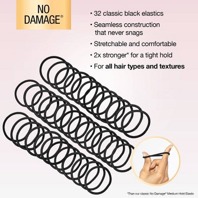 scunci No Damage 2X Stronger Elastic Hair Ties - Black - All Hair - 4mm - 32pcs