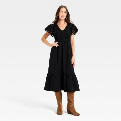 Women's Flutter Short Sleeve Smocked Midi A-Line Dress Black XS