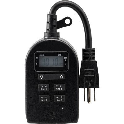 GE My Touch Smart Simple Set Digital Timer Outdoor 1 Grounded Outlet 2 Setting Trigger Plug Black: Light Timer Plug for Outdoor Use