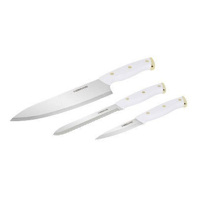 Farberware 3pc Knife Set White/Gold: Chef, Paring & Utility Knives, Stainless Steel Blades, Riveted ABS Handles
