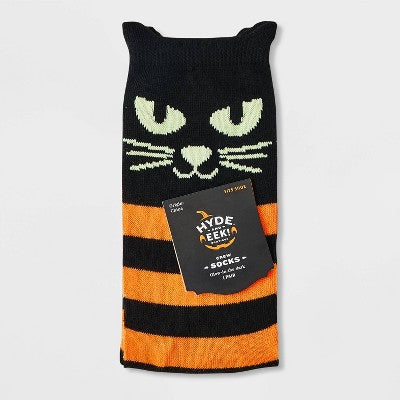 Women's Black Cat with Glow-in-the-Dark Eyes Halloween Crew Socks - Hyde & EEK! Boutique Black/Orange 4-10