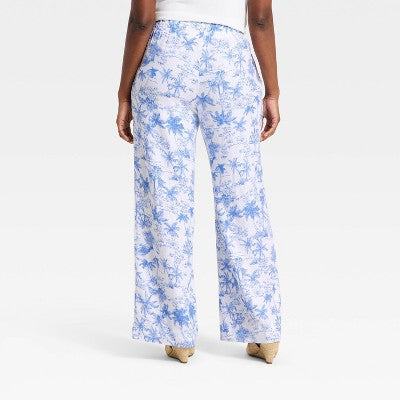 Women's Linen Wide Leg Pull-On Pants - Blue/White Toile L