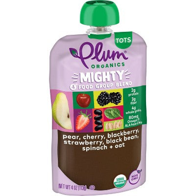 Plum Organics Mighty 4 Blends Pear Cherry Blackberry Strawberry Black Bean Spinach & Oat Baby Snacks - 4oz