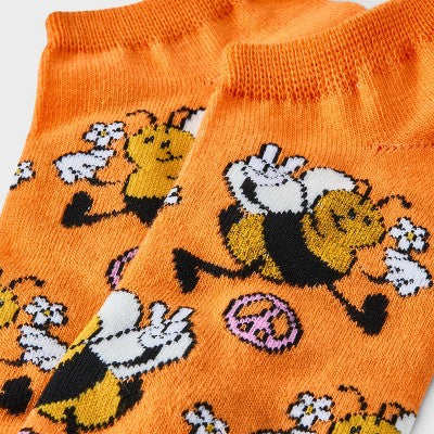 Women's Peace, Love & Bees Low Cut Socks - Orange/Yellow 4-10: Recycled Polyester, Banded Cuff, Animal Prints, Machine Wash