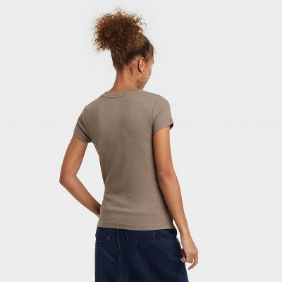 Women's Slim Fit Short Sleeve Ribbed T-Shirt - A New Day Brown XL