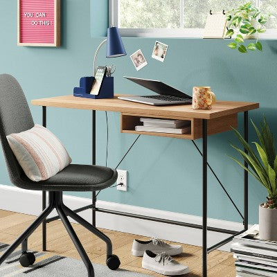 Wood and Metal Writing Desk with Storage Natural Laminate - Room Essentials: Sturdy Home Office Furniture with Open Shelf (LOCAL PICKUP ONLY)