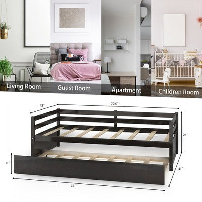 Costway Twin Size Trundle Daybed Wooden Slat Support Mattress Platform Espresso (LOCAL PICKUP ONLY)