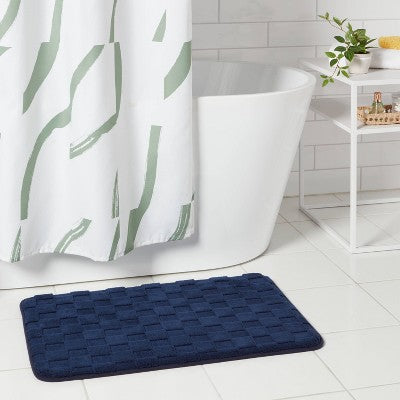 20"x30" Everyday Checked Cushion Bath Rug Navy - Room Essentials