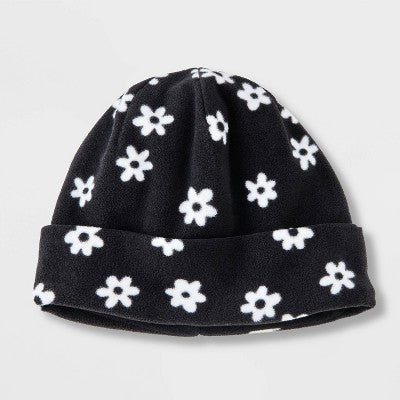 Girls' Floral Print Fleece Beanie Hat - Cat & Jack Black
