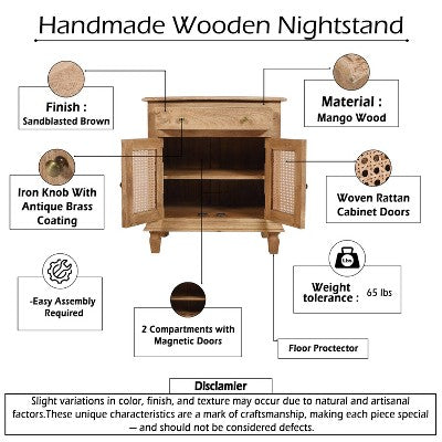 The Urban Port 30" Nightstand Table Rattan Cabinet Doors and Drawer Fronts Sandblasted Brown Mango Wood Brown (LOCAL PICKUP ONLY)