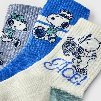 Women's Sporty Peanuts 3pk Mid Crew Socks - Ivory/Heather Gray/Blue 4-10: Polyester, Spandex, Knit, Ribbed