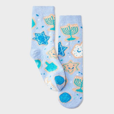 Women's Hanukkah Cookies Cozy Christmas Crew Socks with Gift Card Holder - Wondershop Light Blue 4-10