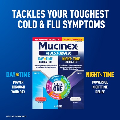 Mucinex Maximum Strength FAST-MAX Daytime & Nighttime - Cold & Flu Caplets - 40ct: Cough Suppressant, Pain Relief