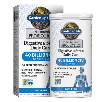 Garden of Life Dr. Formulated Digestive + Stress Probiotic Capsule - 30ct: 40 Billion CFU, Certified Gluten-Free, Non-GMO Verified