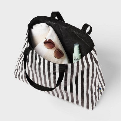 Water Resistant Reversible Tote Bag - Open Story Black/White Stripe: Softside Non-Woven